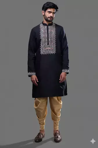 Navy blue embroidered silk kurta pant