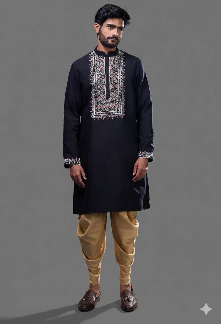Navy blue embroidered silk kurta pant