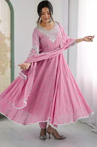 Orange color faux georgette embroidery work wedding wear gown