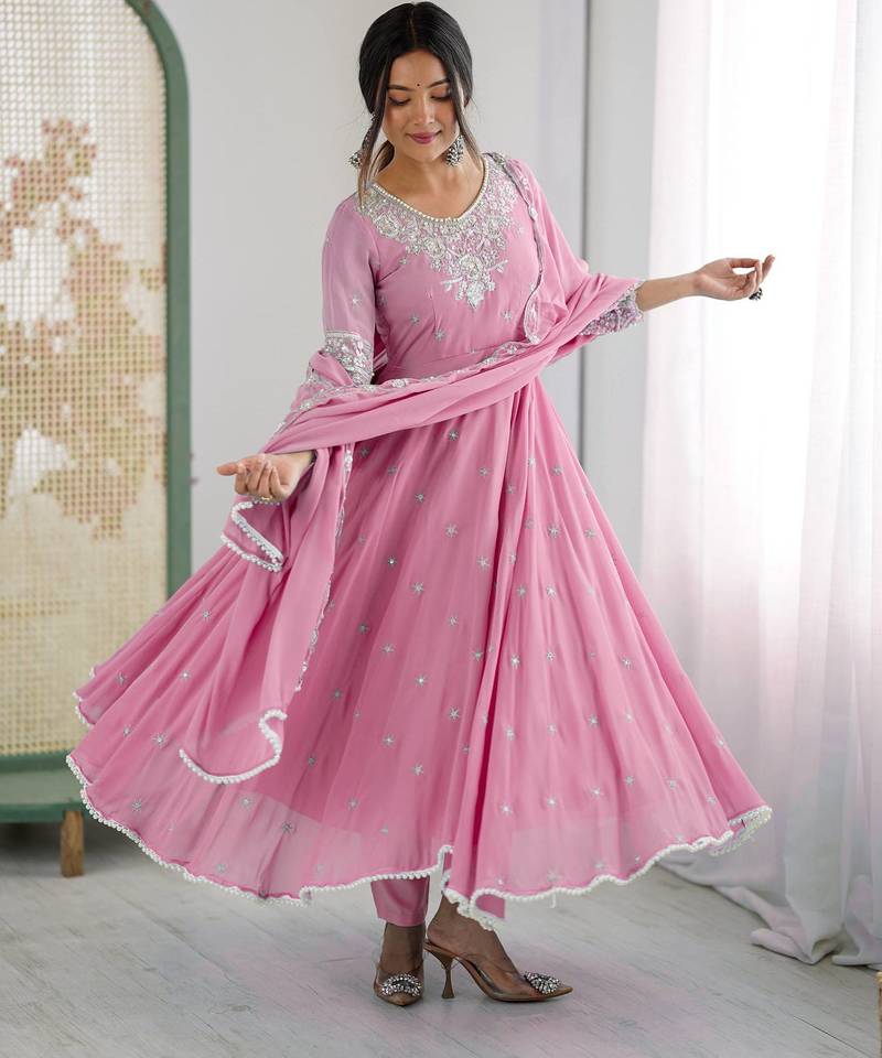 Orange color faux georgette embroidery work wedding wear gown