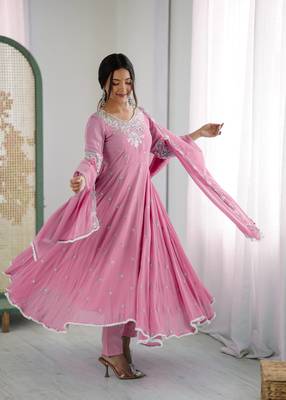 Orange color faux georgette embroidery work wedding wear gown 2