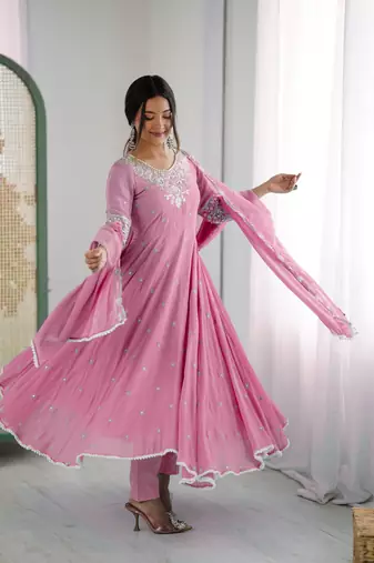 Orange color faux georgette embroidery work wedding wear gown