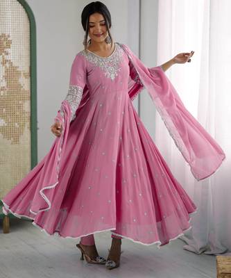 Orange color faux georgette embroidery work wedding wear gown 3