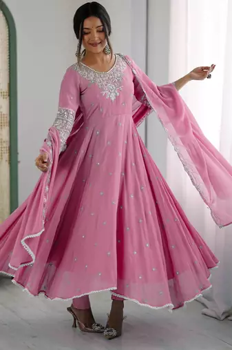Orange color faux georgette embroidery work wedding wear gown