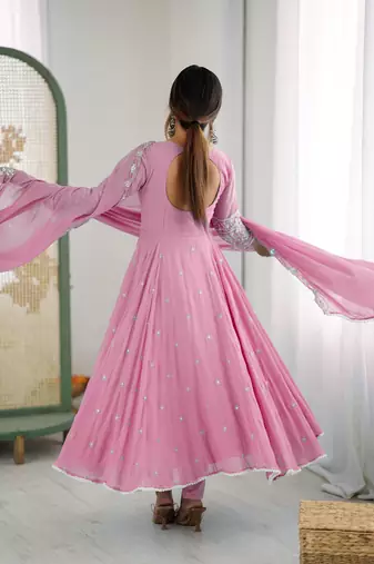 Orange color faux georgette embroidery work wedding wear gown