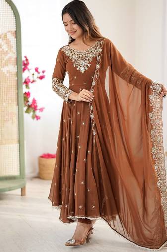 Browm color faux georgette embroidery work wedding wear gown