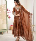 Browm color faux georgette embroidery work wedding wear gown