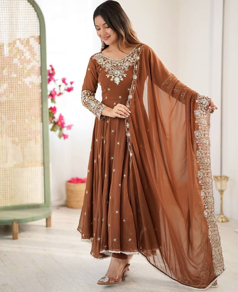 Browm color faux georgette embroidery work wedding wear gown