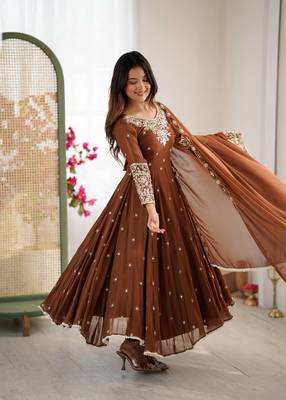 Browm color faux georgette embroidery work wedding wear gown 3