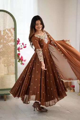 Browm color faux georgette embroidery work wedding wear gown