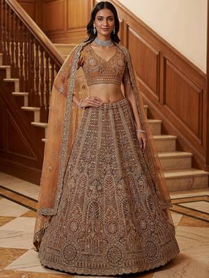 Sparkling Brown Multi Thread Work Net Reception Wear Lehenga Choli 1