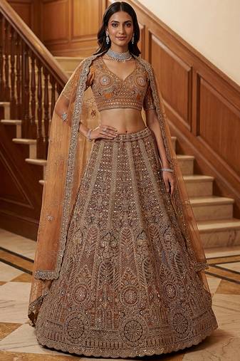 Sparkling Brown Multi Thread Work Net Reception Wear Lehenga Choli