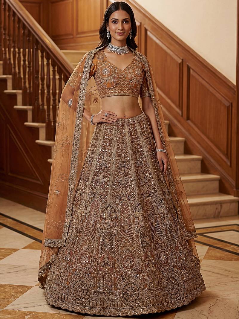 Sparkling Brown Multi Thread Work Net Reception Wear Lehenga Choli