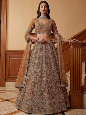 Sparkling Brown Multi Thread Work Net Reception Wear Lehenga Choli 3