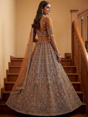 Sparkling Brown Multi Thread Work Net Reception Wear Lehenga Choli 5