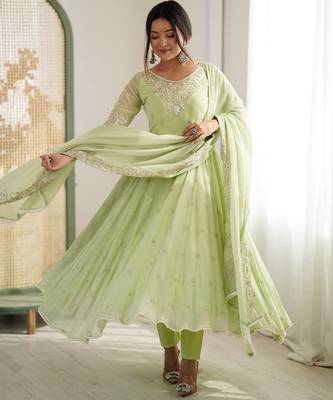 Pista color faux georgette embroidery work wedding wear gown 1