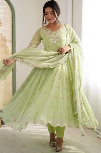 Pista color faux georgette embroidery work wedding wear gown