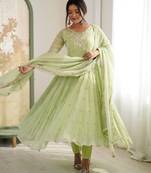 Pista color faux georgette embroidery work wedding wear gown