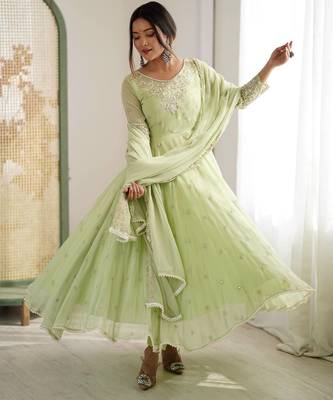 Pista color faux georgette embroidery work wedding wear gown 4