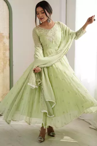 Pista color faux georgette embroidery work wedding wear gown