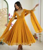 Yellow color faux georgette embroidery work wedding wear gown