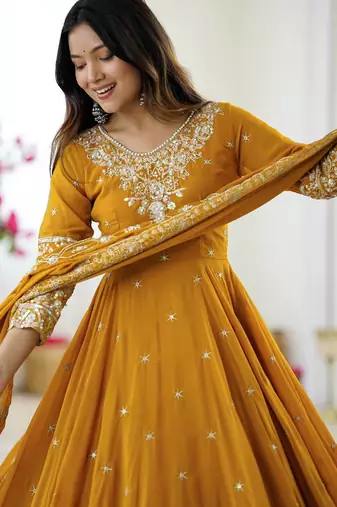Yellow color faux georgette embroidery work wedding wear gown