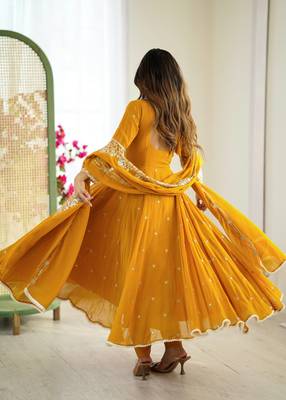 Yellow color faux georgette embroidery work wedding wear gown 3