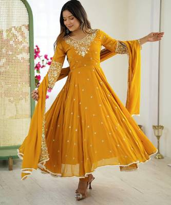 Yellow color faux georgette embroidery work wedding wear gown 4