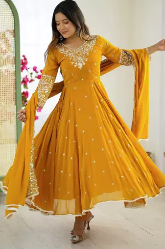 Yellow color faux georgette embroidery work wedding wear gown