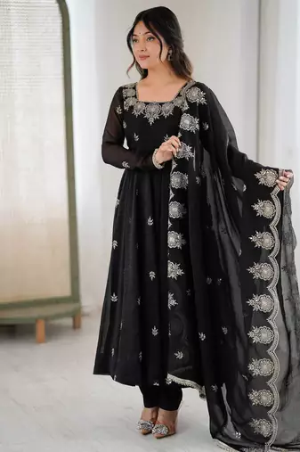 Black color crunchy silk embroidery work wedding wear gown