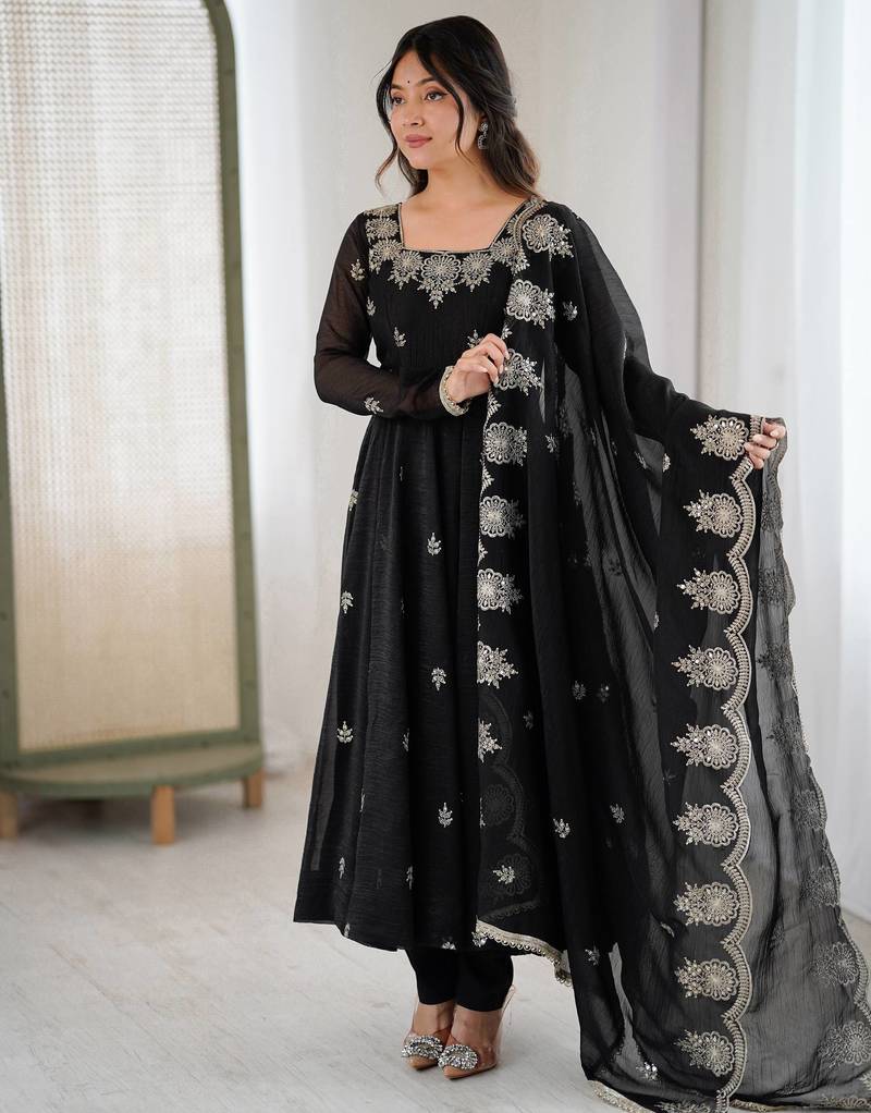 Black color crunchy silk embroidery work wedding wear gown