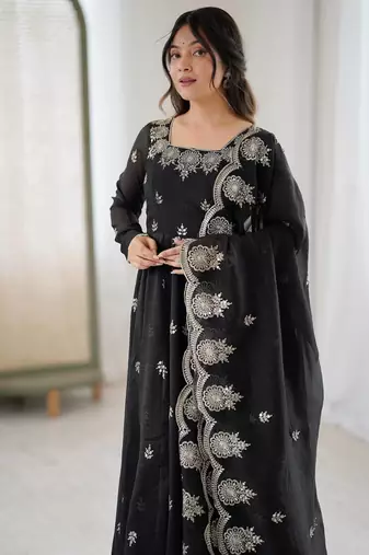 Black color crunchy silk embroidery work wedding wear gown