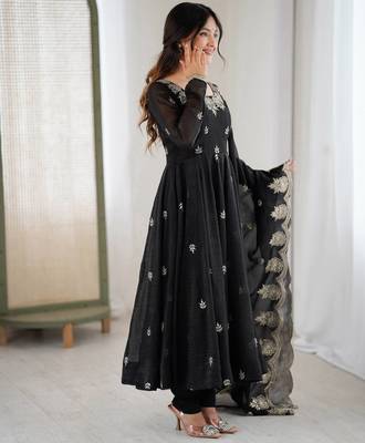 Black color crunchy silk embroidery work wedding wear gown 3