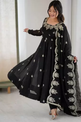 Black color crunchy silk embroidery work wedding wear gown