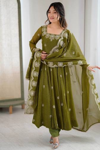 Mehendi color crunchy silk embroidery work wedding wear gown