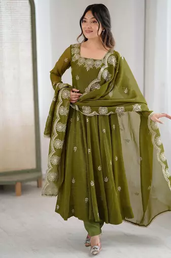 Mehendi color crunchy silk embroidery work wedding wear gown