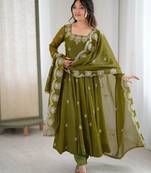 Mehendi color crunchy silk embroidery work wedding wear gown