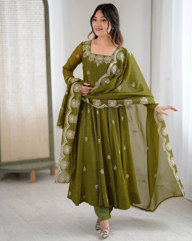 Mehendi color crunchy silk embroidery work wedding wear gown