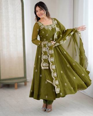Mehendi color crunchy silk embroidery work wedding wear gown 2