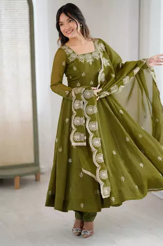 Mehendi color crunchy silk embroidery work wedding wear gown