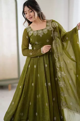 Mehendi color crunchy silk embroidery work wedding wear gown