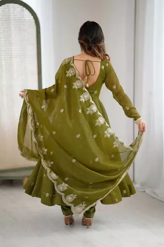 Mehendi color crunchy silk embroidery work wedding wear gown