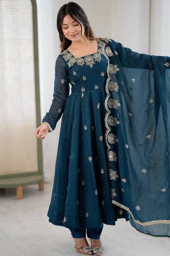 Morepeach color crunchy silk embroidery work wedding wear gown