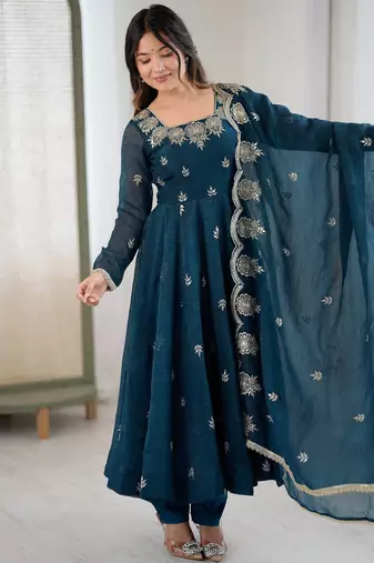 Morepeach color crunchy silk embroidery work wedding wear gown