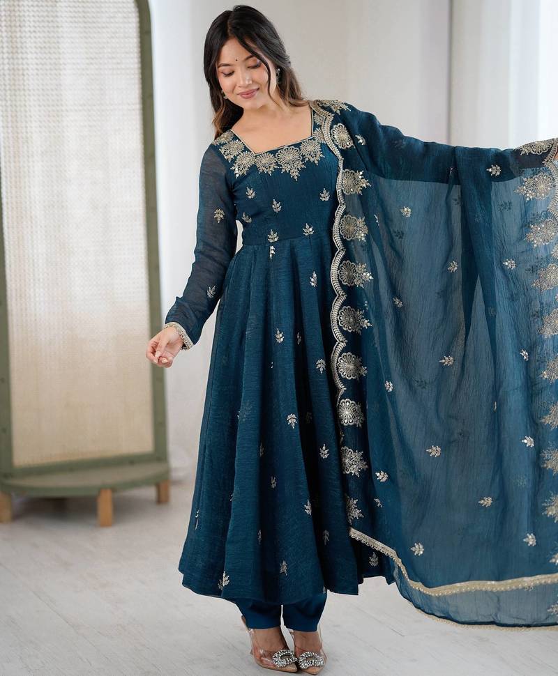 Morepeach color crunchy silk embroidery work wedding wear gown