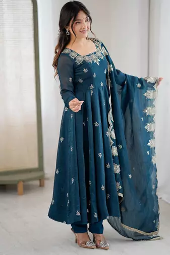 Morepeach color crunchy silk embroidery work wedding wear gown