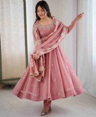 Peach color crunchy silk embroidery work wedding wear gown 1