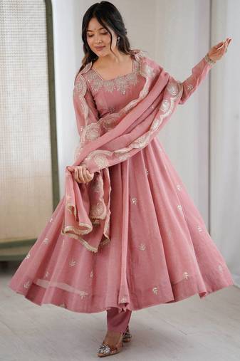 Peach color crunchy silk embroidery work wedding wear gown