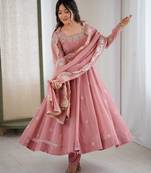 Peach color crunchy silk embroidery work wedding wear gown