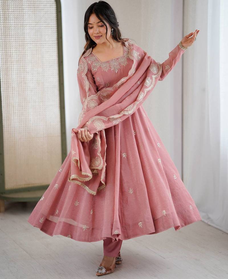 Peach color crunchy silk embroidery work wedding wear gown